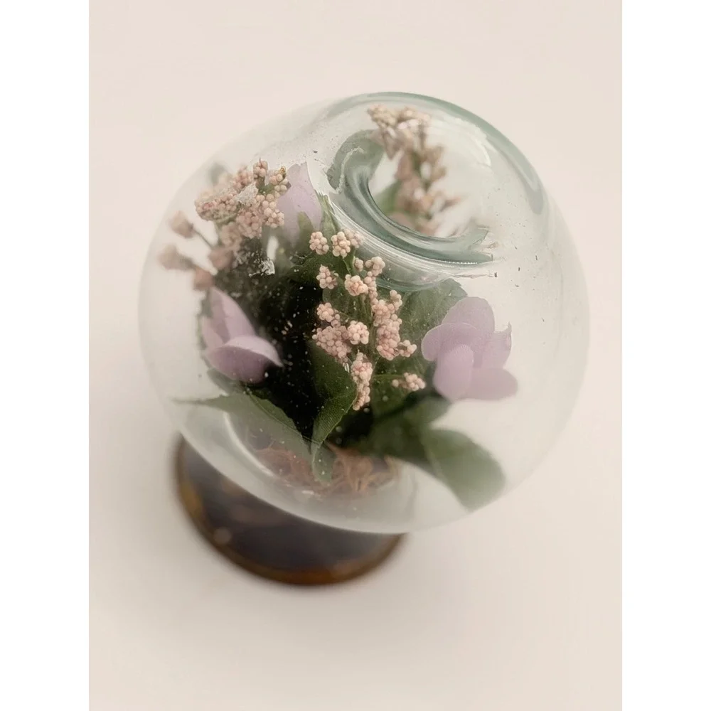 Vintage Glass Terrarium Votive Candle Holder Purple Faux Flowers Pedestal Globe